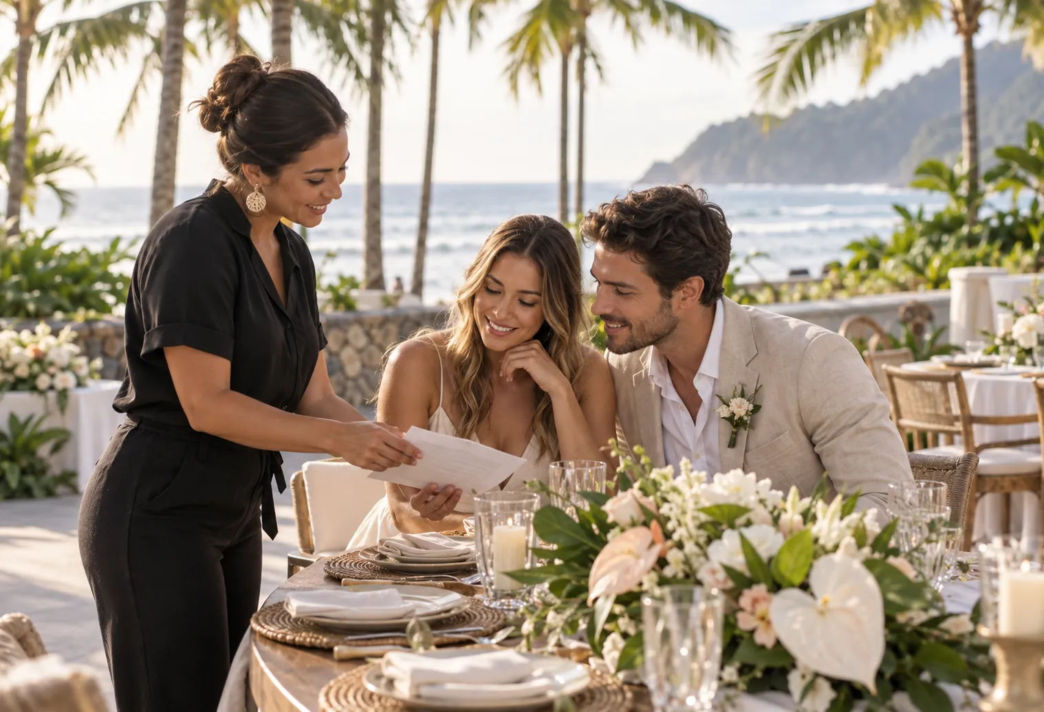 Illustrative image of a planner reviewing wedding details with a couple at a beachfront table