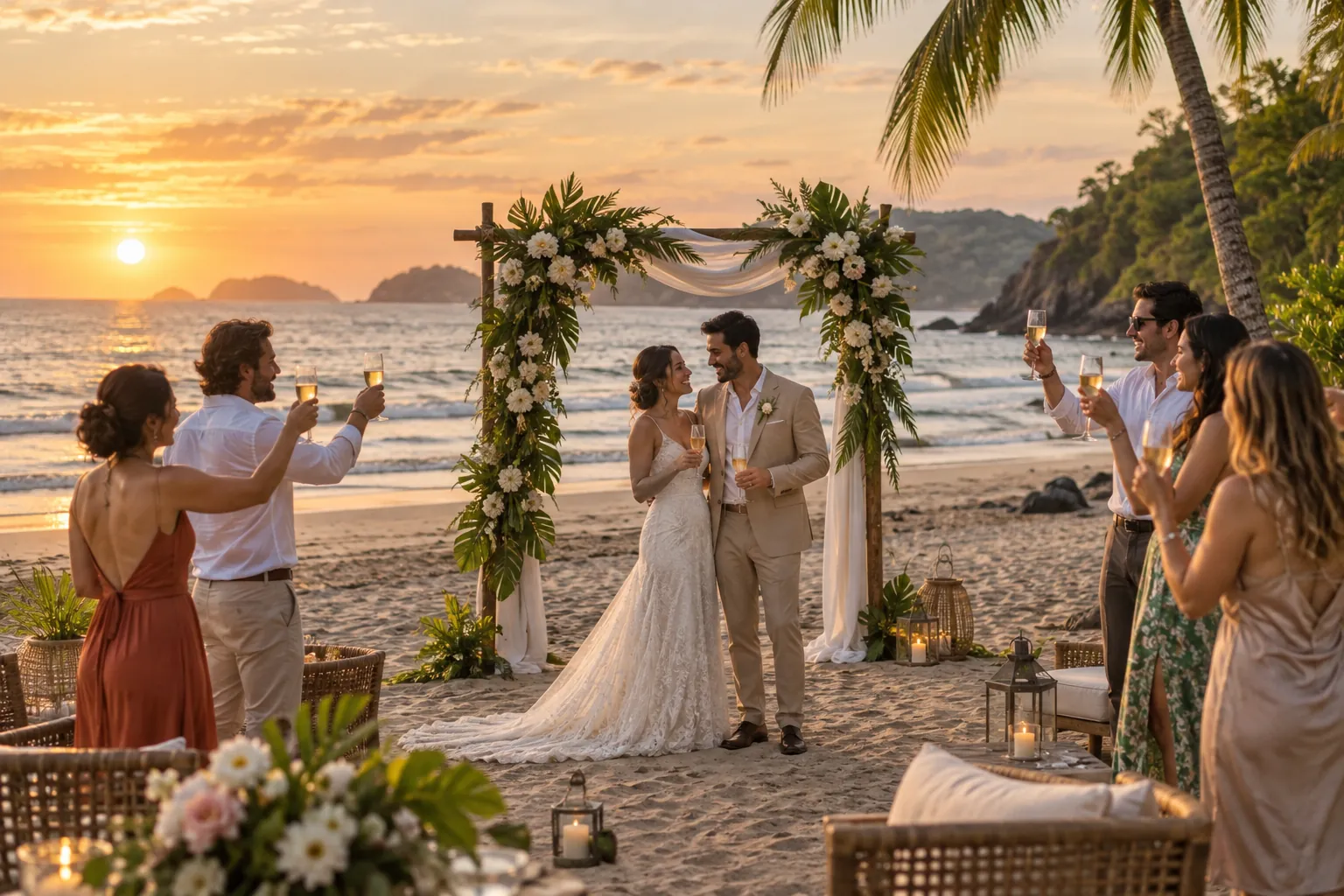 Illustrative image of a couple and guests toasting at a sunset beach ceremony in Costa Rica